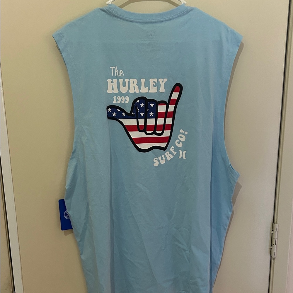Hurley Light Blue Sleeveless Muscle Tee with Patriotic Shaka - Picture 3 of 5